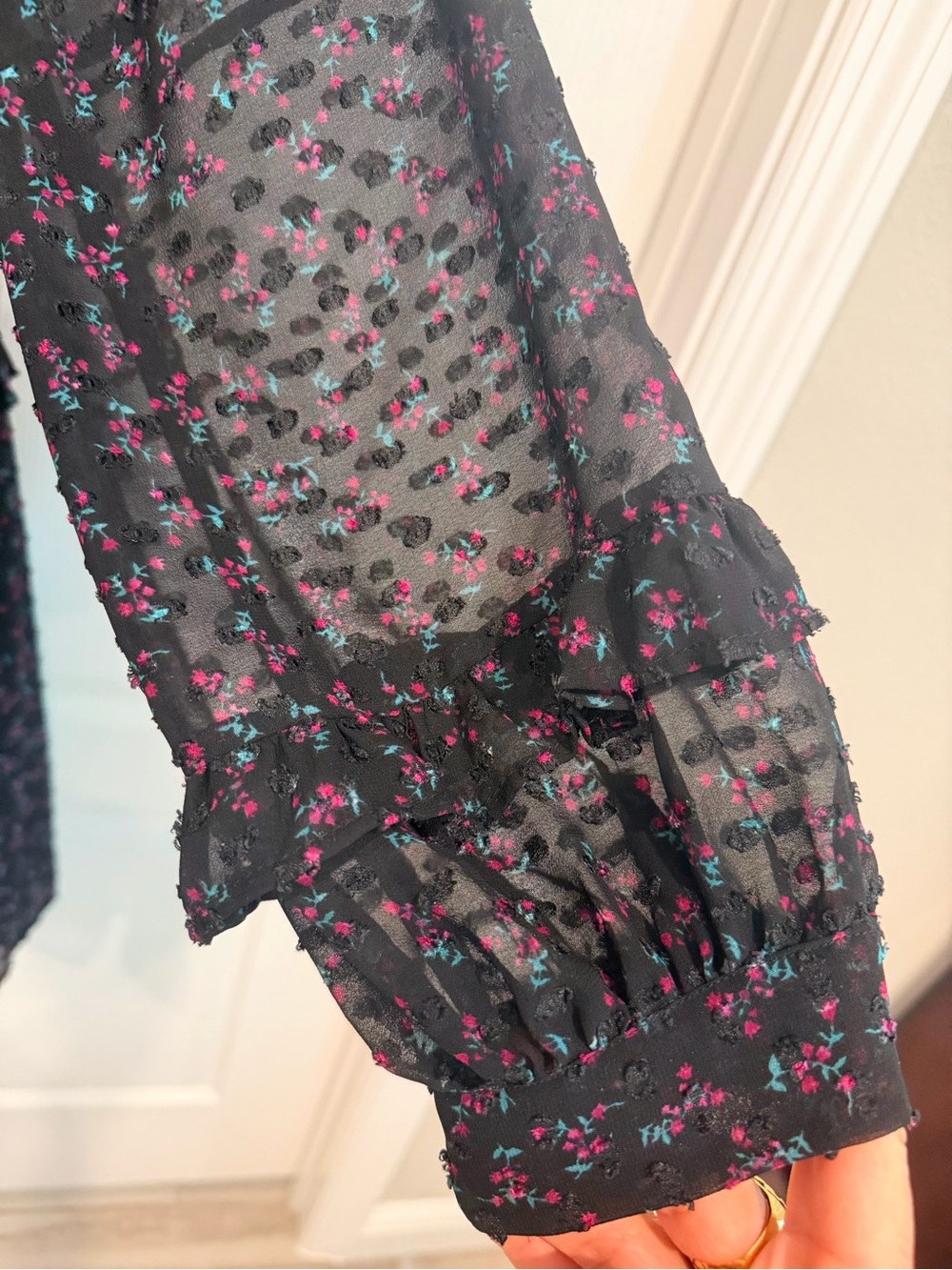 ZARA Basic Black Floral Chiffon Ruffle Mini Dress Sheer Sleeve Size M - Picture 5 of 8